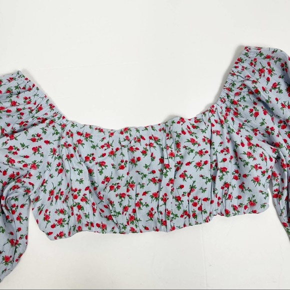 Lulus Sunny‎ Expectations Blue Rose Floral Puff Sleeve Crop Top Small - Picture 3 of 11